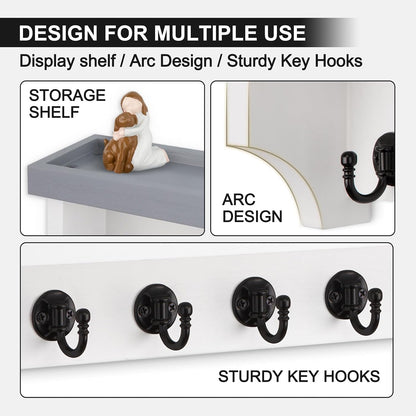 Key and Mail Holder Wall Mount, Key Holder with Shelf and Mail Organizer Wall Mount. Mail Holder with 5 Hooks for Coat, Dog Leash, Home Decor Rack, Entry Way Organizer (White)