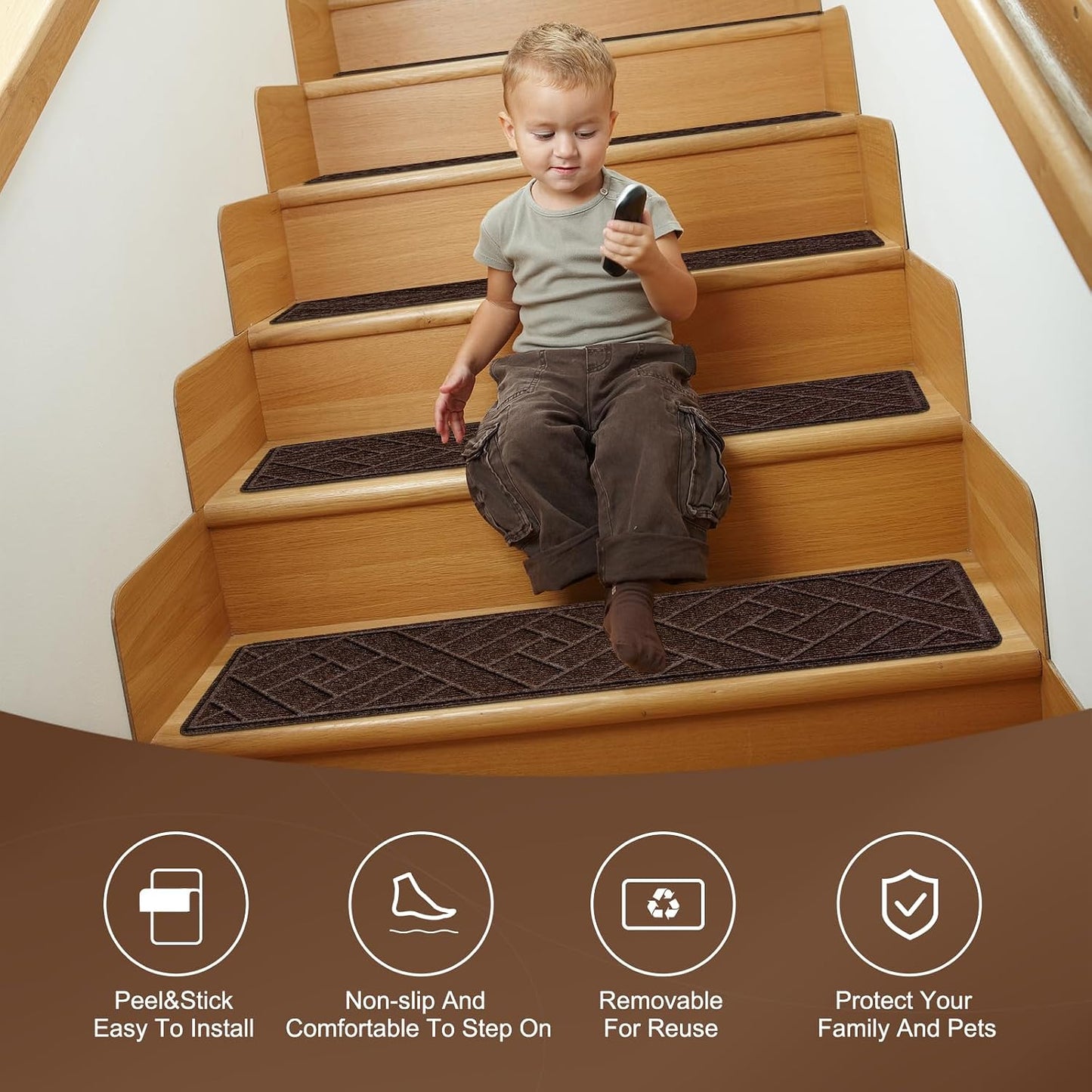 15 Pack 8 "X 30" Non-Slip Carpet Stair Treads for Indoor Wooden Steps, Made of Polyester and Reusable Adhesive, Suitable for Kids Elders and Pets（Black Lines）