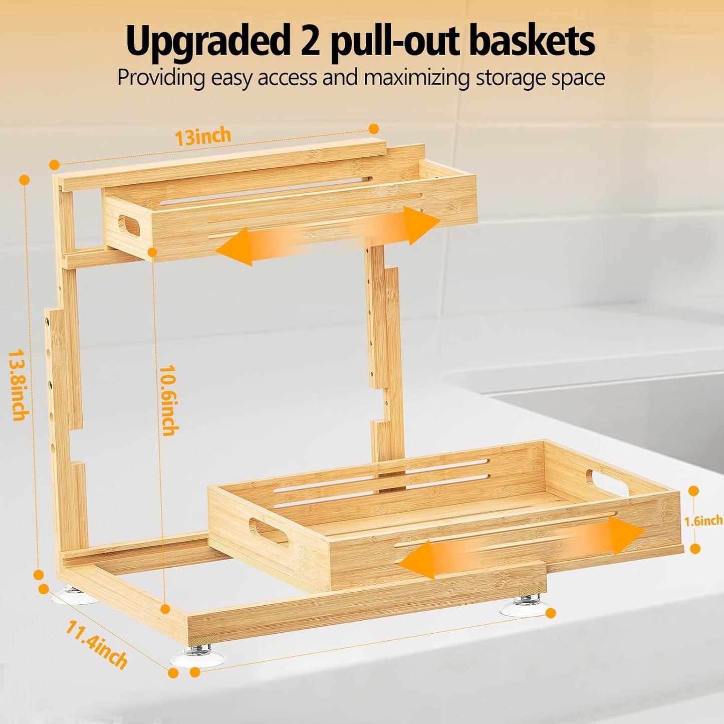 Banlilu Under Sink Organizer, Pull Out Cabinet Organizer, 2 Tier Slide Out Sink Shelf Cabinet Storage Shelves, Storage for Kitchen Bathroom, Natural Premium Bamboo Wood