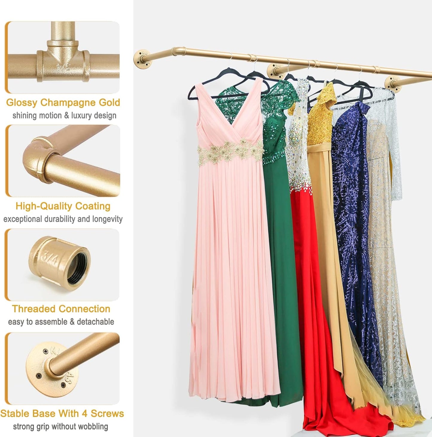 Gold Wall Mount Iaundry Drying Rack - 54" Pipe Garment Rack, Portable Heavy Duty Iron Closet Hanger Rod, Modern Metal Detachable DIY Hanging Bar for Laundry Room and Closet Storage