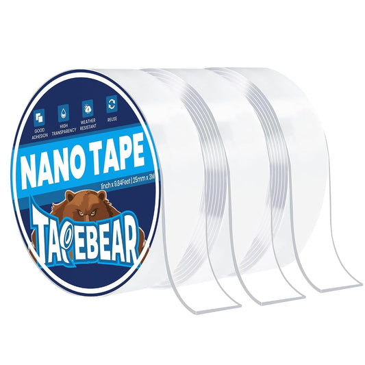 TAPEBEAR Nano Tape Double Sided Tape Heavy Duty 1" x 9.8Ft, Reusable Strong Mounting Tape, Clear Gel Wall Sticky Adhesive Strips, Removable, Traceless for Hanging Picture, Poster, Carpet Fixed, 3Rolls