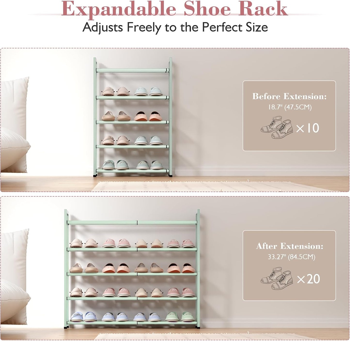 Bumusty 3-Tier Expandable Shoe Rack for Closet, 18“-33” Adjustable Shoe Rack for Small Space, Small Shoe Organizer for Front Door, Sturdy Metal, Black