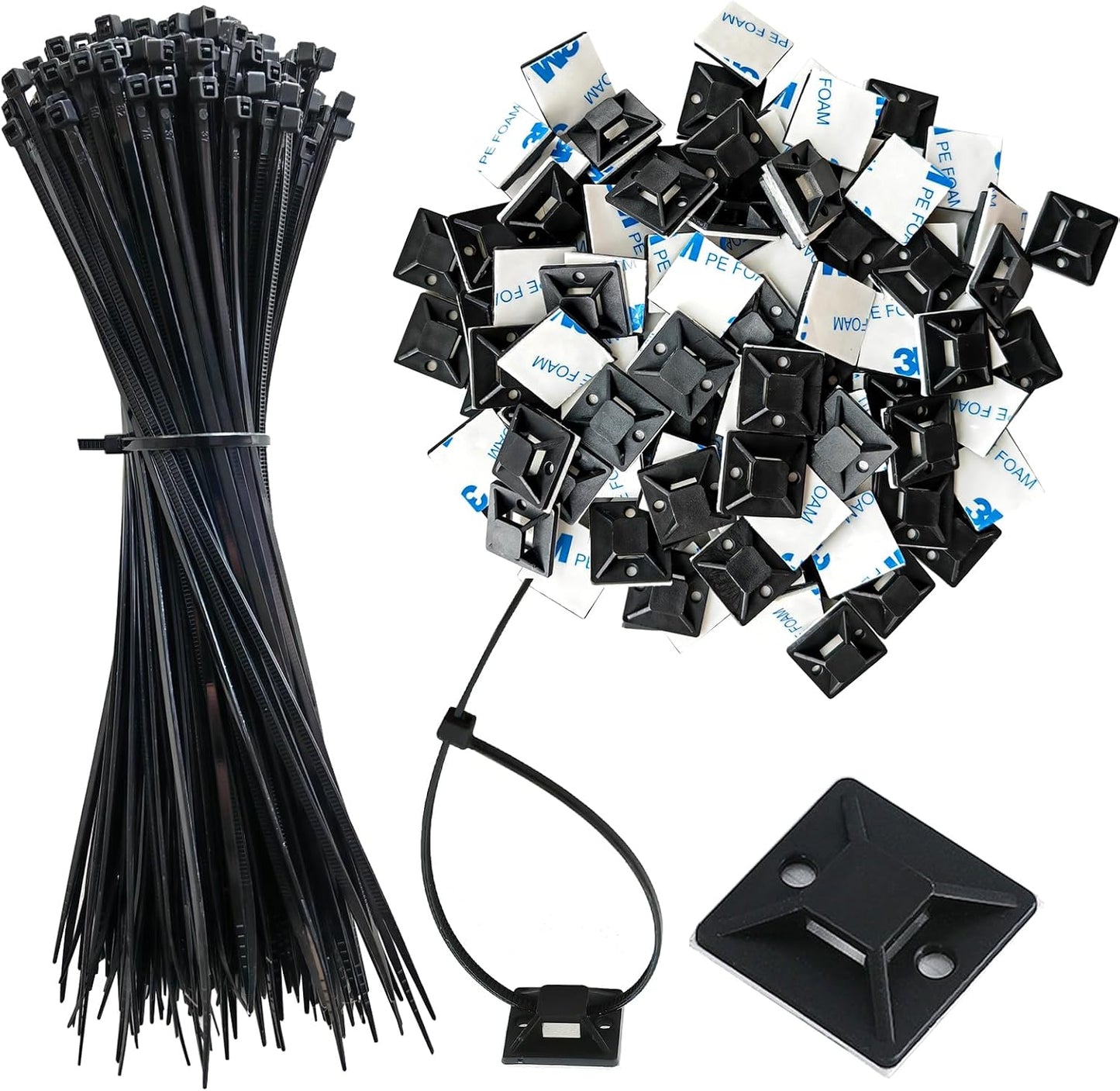 340 Pcs Self Adhesive Cable Zip Tie Mounts Set | 170 Pcs Cable Tie Mounting Base,3/4" | 170 Pcs Zip Ties,8" | White,Cable Clip,Wire Management Clips,Wall Ties Fixing Mount,Wire Holders for Cables