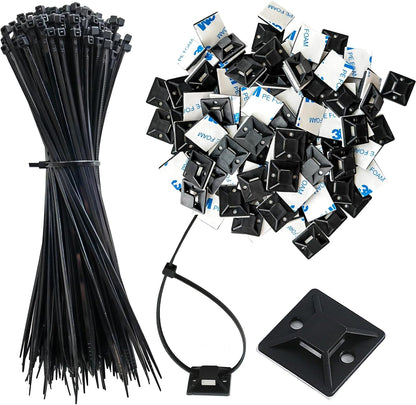 340 Pcs Self Adhesive Cable Zip Tie Mounts Set | 170 Pcs Cable Tie Mounting Base,3/4" | 170 Pcs Zip Ties,8" | White,Cable Clip,Wire Management Clips,Wall Ties Fixing Mount,Wire Holders for Cables