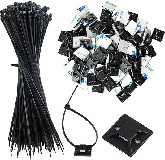340 Pcs Self Adhesive Cable Zip Tie Mounts Set | 170 Pcs Cable Tie Mounting Base,3/4" | 170 Pcs Zip Ties,8" | White,Cable Clip,Wire Management Clips,Wall Ties Fixing Mount,Wire Holders for Cables