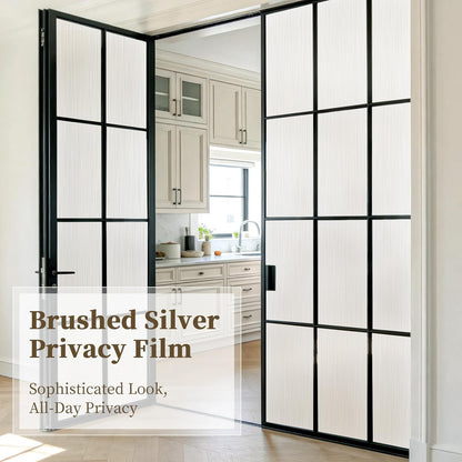 Frosted Window Privacy Film - Brushed Silver Static Cling Glass Film for Bathroom, Day and Night Door Privacy Film Window Cover to Stop Dog Barking, 17.5x78.7 Inch, Pure
