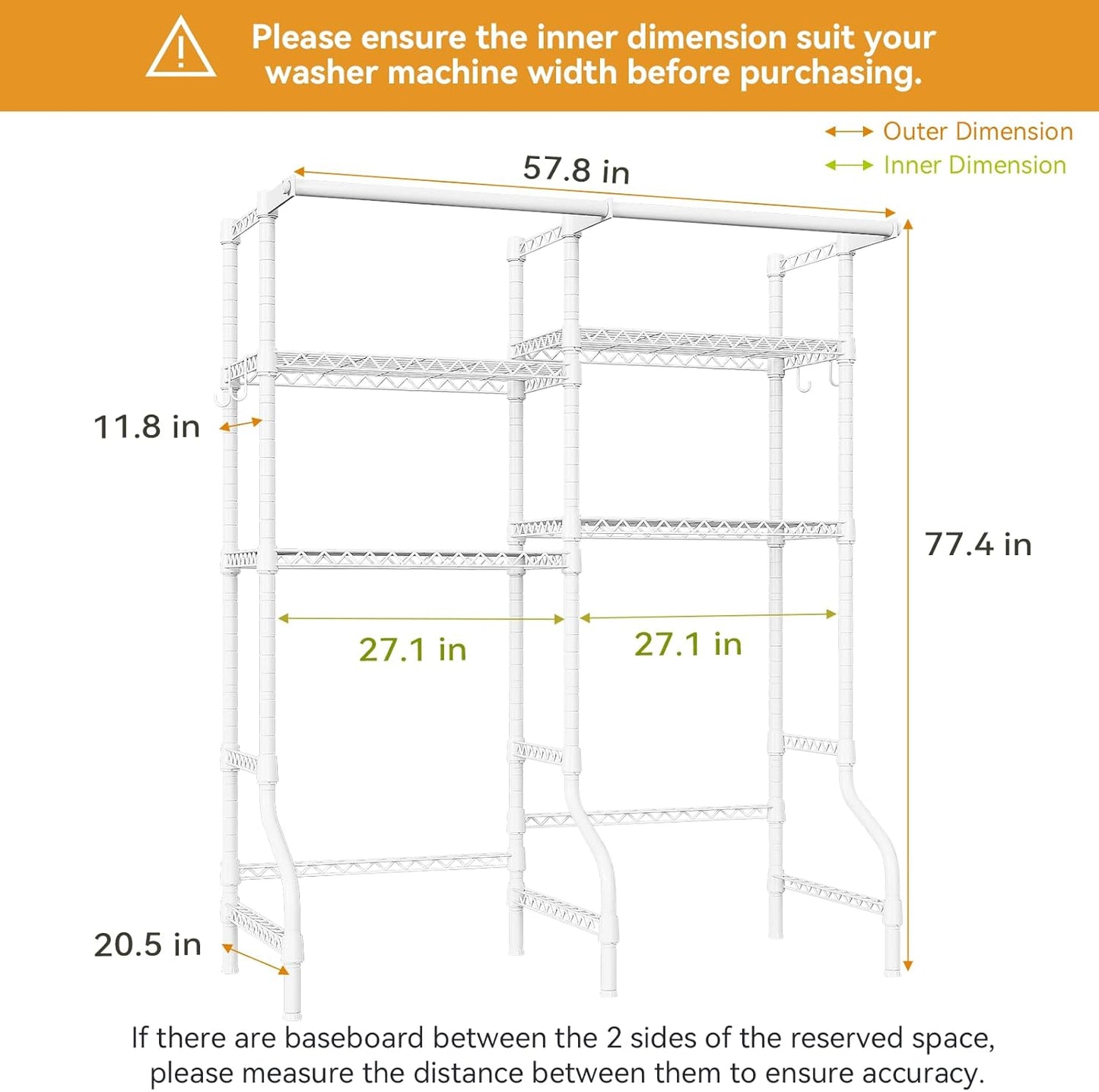 ULIFHOME U14 Over Washer and Dryer Storage Shelves, 4 Tiers Laundry Room Storage and Organizer System, Space Saving Clothes Drying Rack with 2 Clothes Hanger Rods, 66.5" W x 20.5" D x 77.4" H, Black