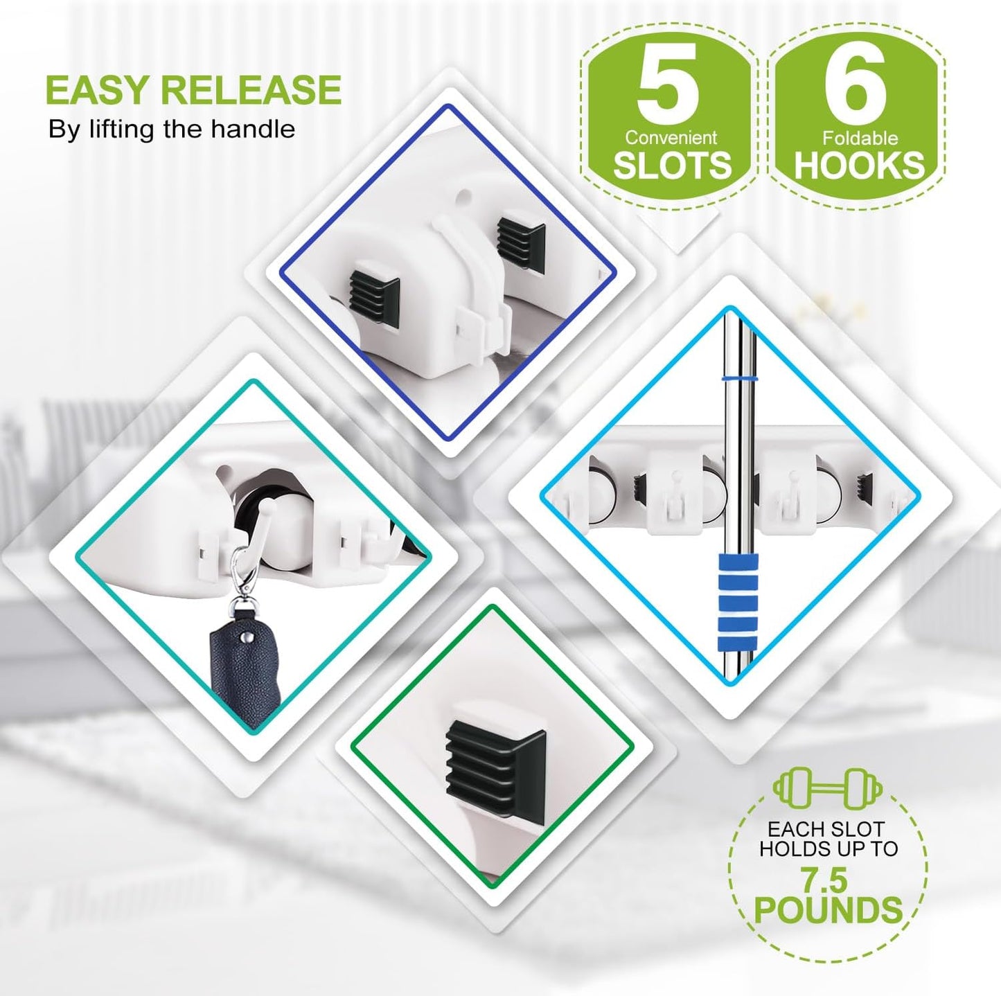 LETMY Broom Holder Wall Mounted - Mop and Broom Hanger Holder - Garage Storage Rack & Garden Tool Organizer - 5 Position 6 Hooks for Home, kitchen, Garden, Tools, Garage