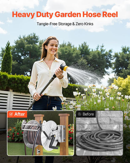 VEVOR Wall Mounted Garden Hose Reel, Holds 125 ft 5/8-inch Hose, Heavy-Duty Water Hose Winder, Space-Saving Design, Outdoor Manual Reel with Brass Fitting and Storage Basket for Yard Lawn