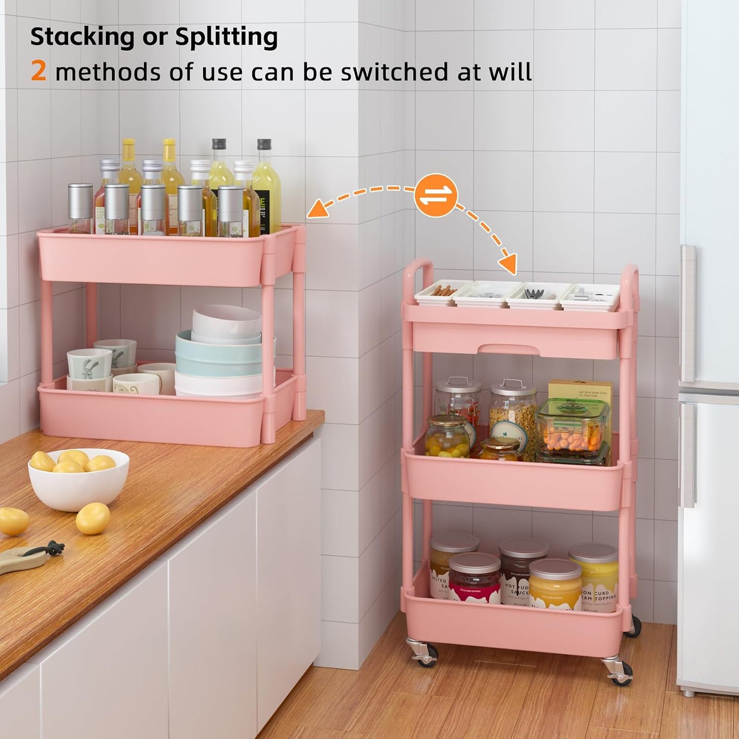 Calmootey 3-Tier Rolling Utility Cart with Drawer,Multifunctional Storage Organizer with Plastic Shelf & Metal Wheels,Storage Cart for Kitchen,Bathroom,Living Room,Office,White