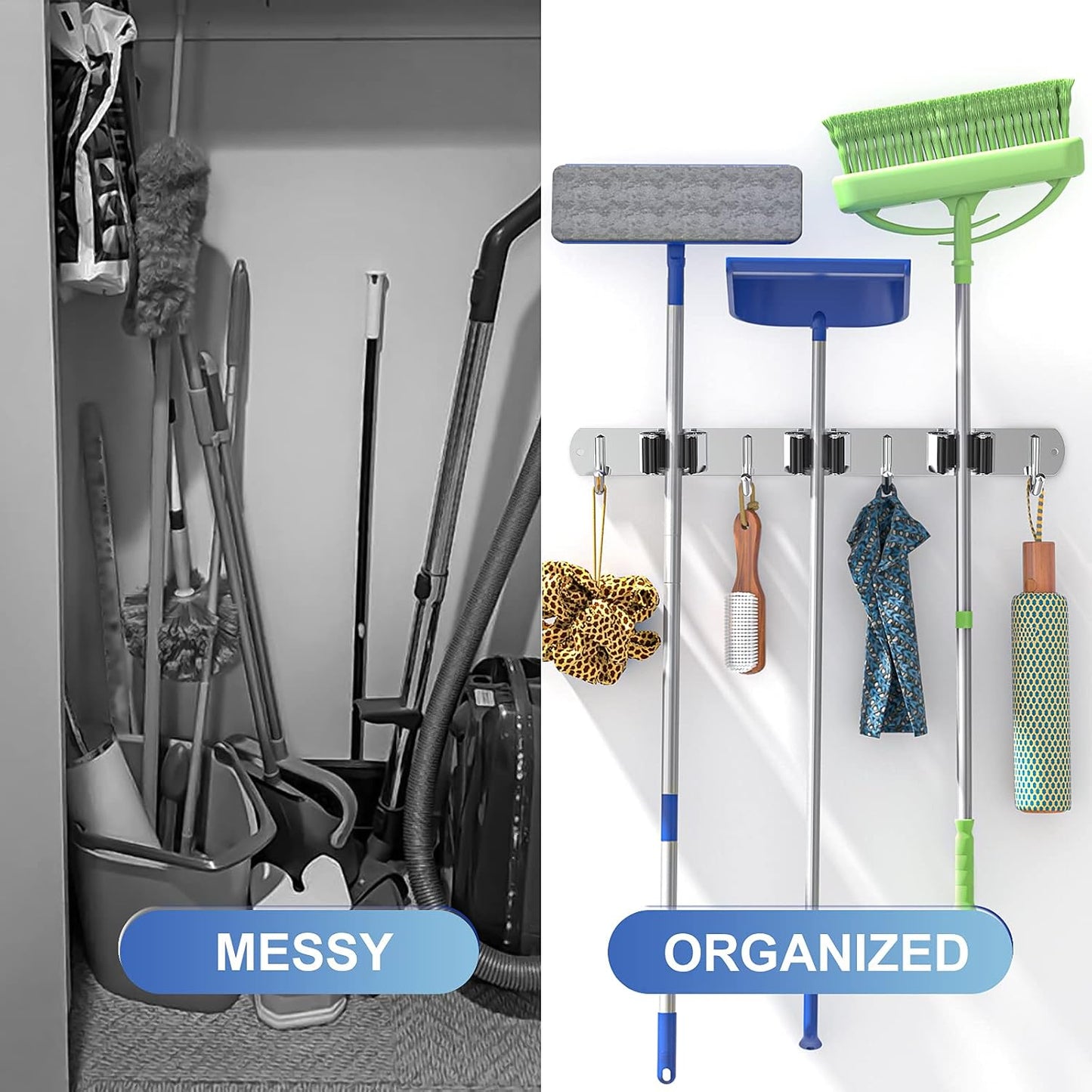 ZONGOOL 2 Pack Broom Holder Wall Mount, 4 Racks and 5 Hooks Mop Hanger Wall Mount Broom Organizer Stainless Steel Heavy Duty Garage Tool Racks for Home Kitchen Garden Laundry (Black)
