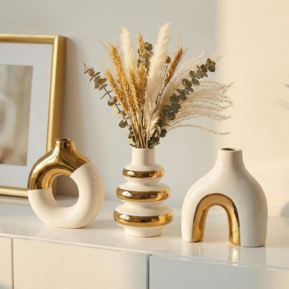 White Ceramic Vase Set of 3, Small Flower Vases for Pampas Grass, Modern Boho Vase for Decor, Round White Vases Centerpieces for Wedding Living Room Bedroom Coffee Table Dinner Table