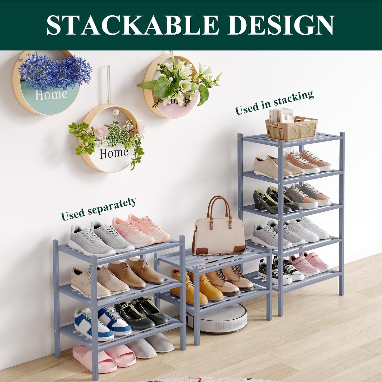 Smiry Bamboo Shoe Rack, 3 Tier Free Standing Wooden Shoe Organizer, Stackable Wood Shoe Storage Shelf for Closet, Entryway, 5 Horizontal Slats, 26.8"x11"x18.3", Natural