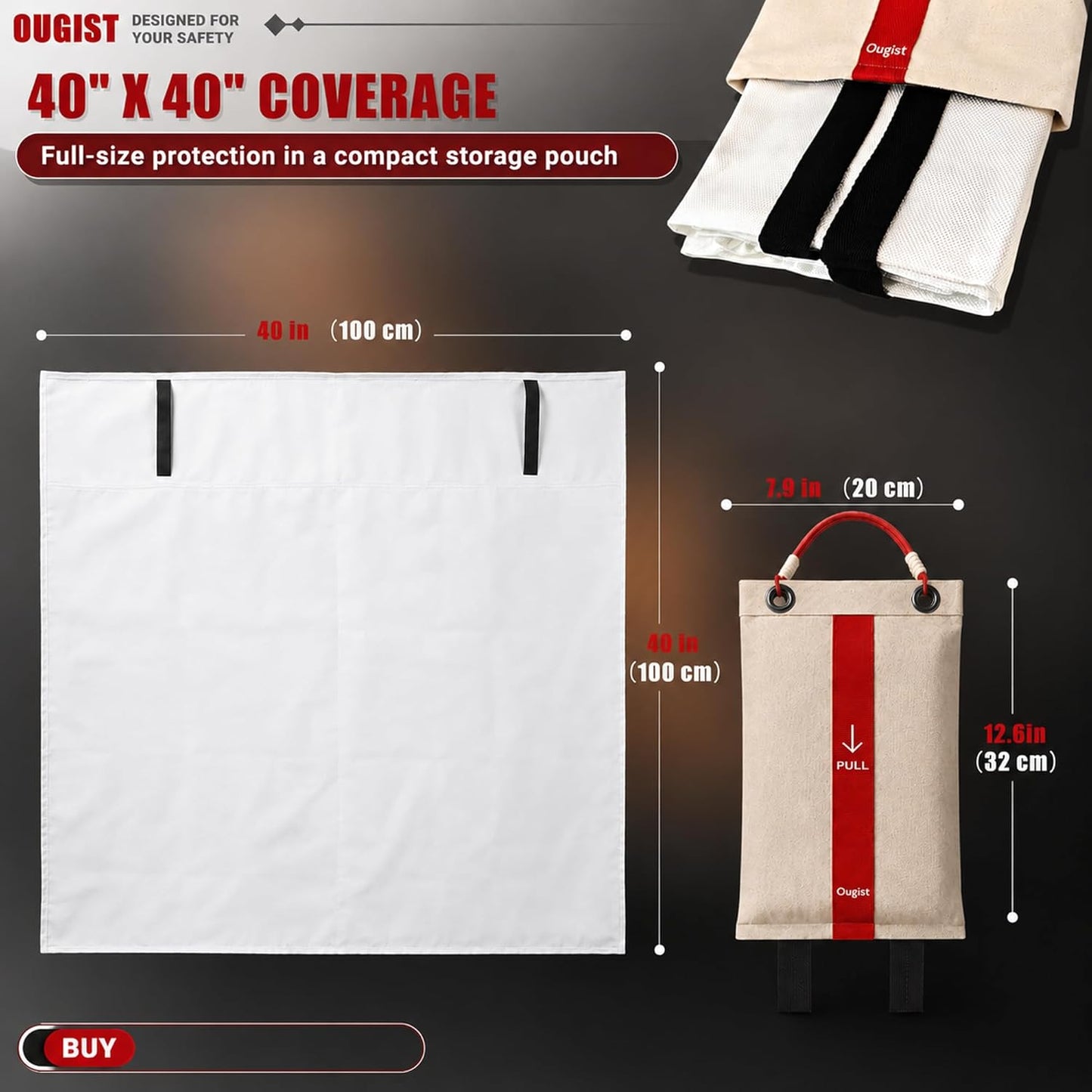 Ougist 2 Pack Emergency Fire Blanket for Home and Kitchen, 40"x40" Fiberglass Fire Blankets for Safety, Flame Suppression for Grill, RV & Camping, Peace of Mind for Your Family