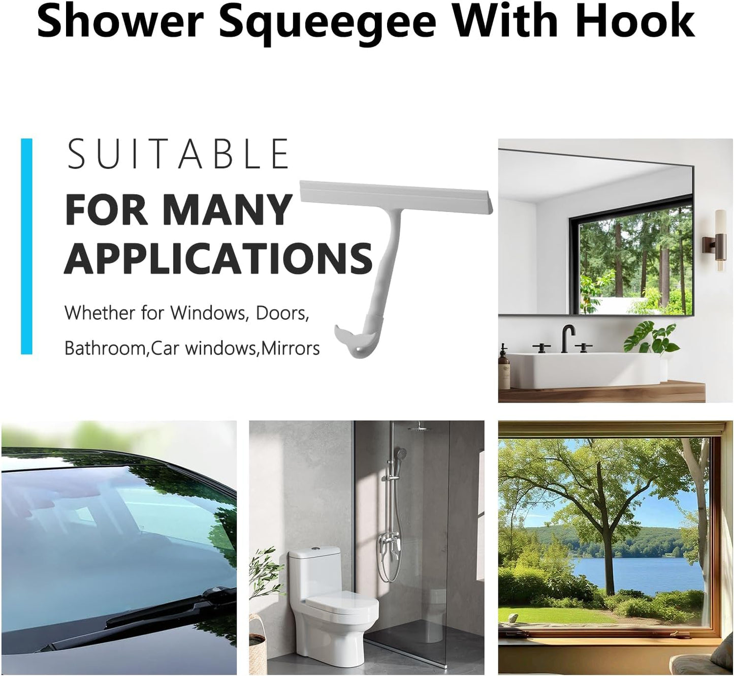 Shower Squeegee for Glass Doors,2-in-1 Silicone Shower Squeegee with Hook,Hang Anywhere | Streak-Free Bathroom Squeegee | Household Window Mirror Squeegee for Bathroom,Glass,Tile Wall,Car | Black