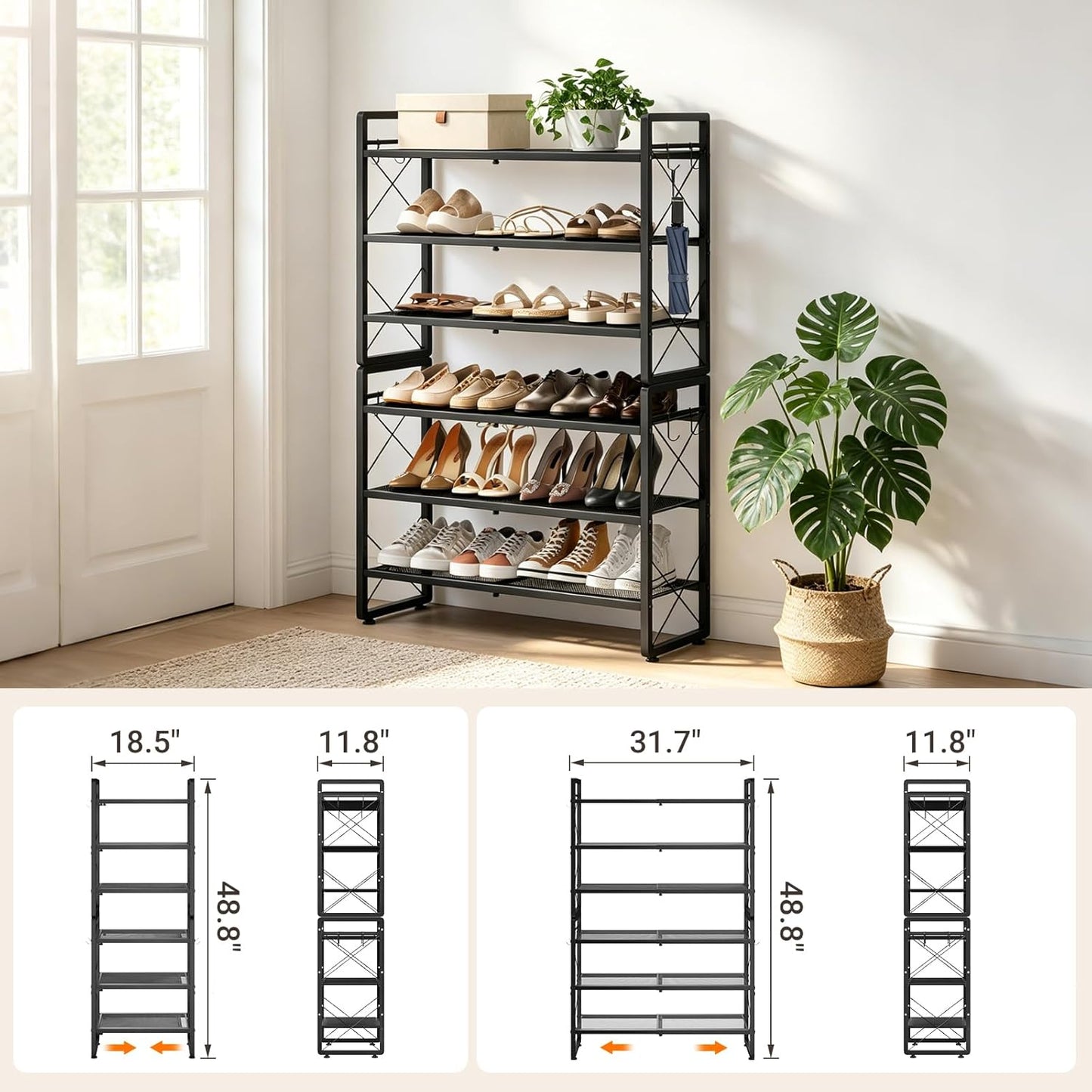 ELYKEN Shoe Rack, 2-Tier Expandable Shoe Organizer for Closet, Metal Black Shoe Shelf with 4 Hooks, Adjustable Shoe Stand Holder for Entryway, Garage, Door Entrance