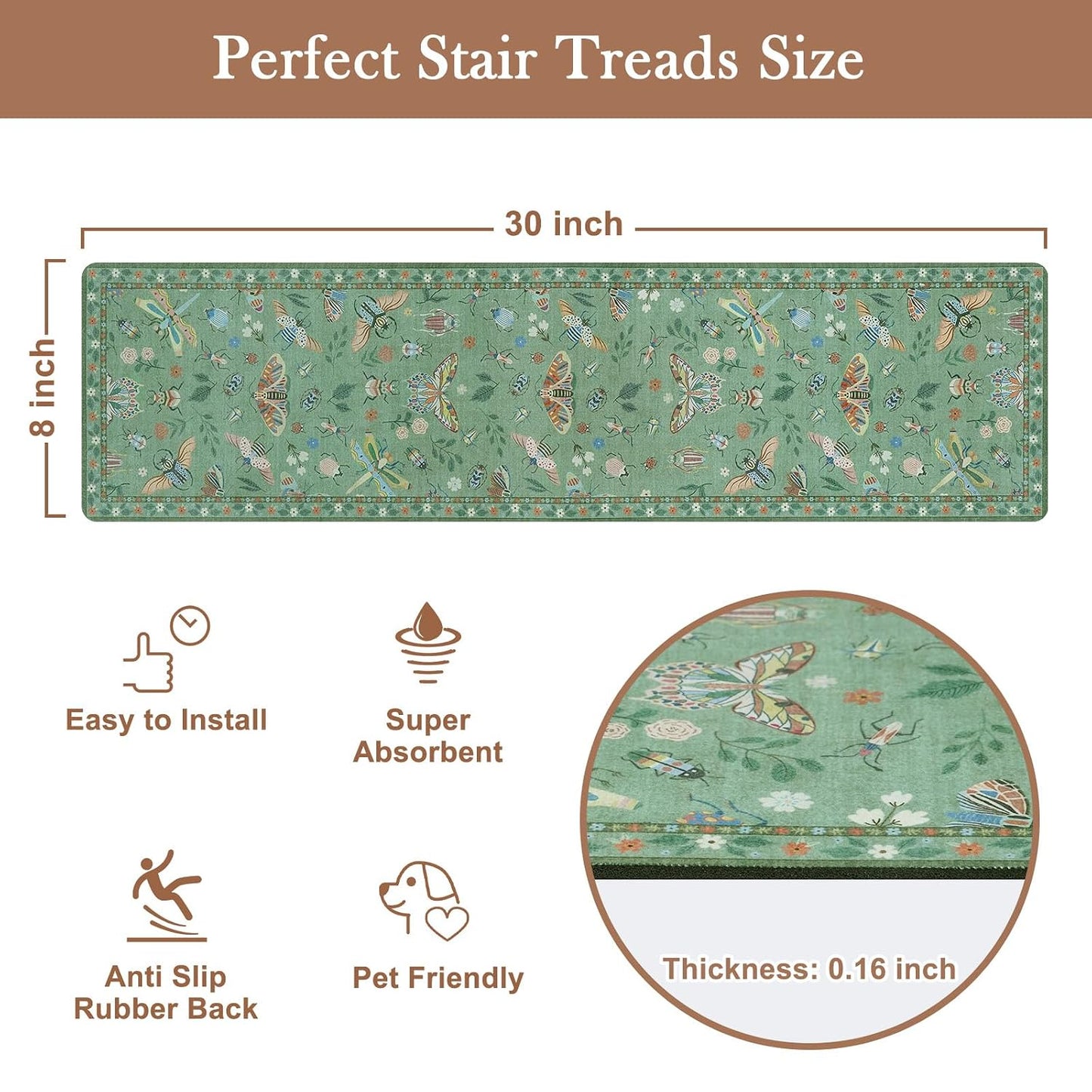 OJIA Insect Print Stair Treads Non Slip Stair Runners for Wooden Steps Indoor, 15PCS 8"x30" Rubber Backing Carpet Treads for Wood Stairs Staircase Step Treads for Kids & Dogs, Stair Covers, Black