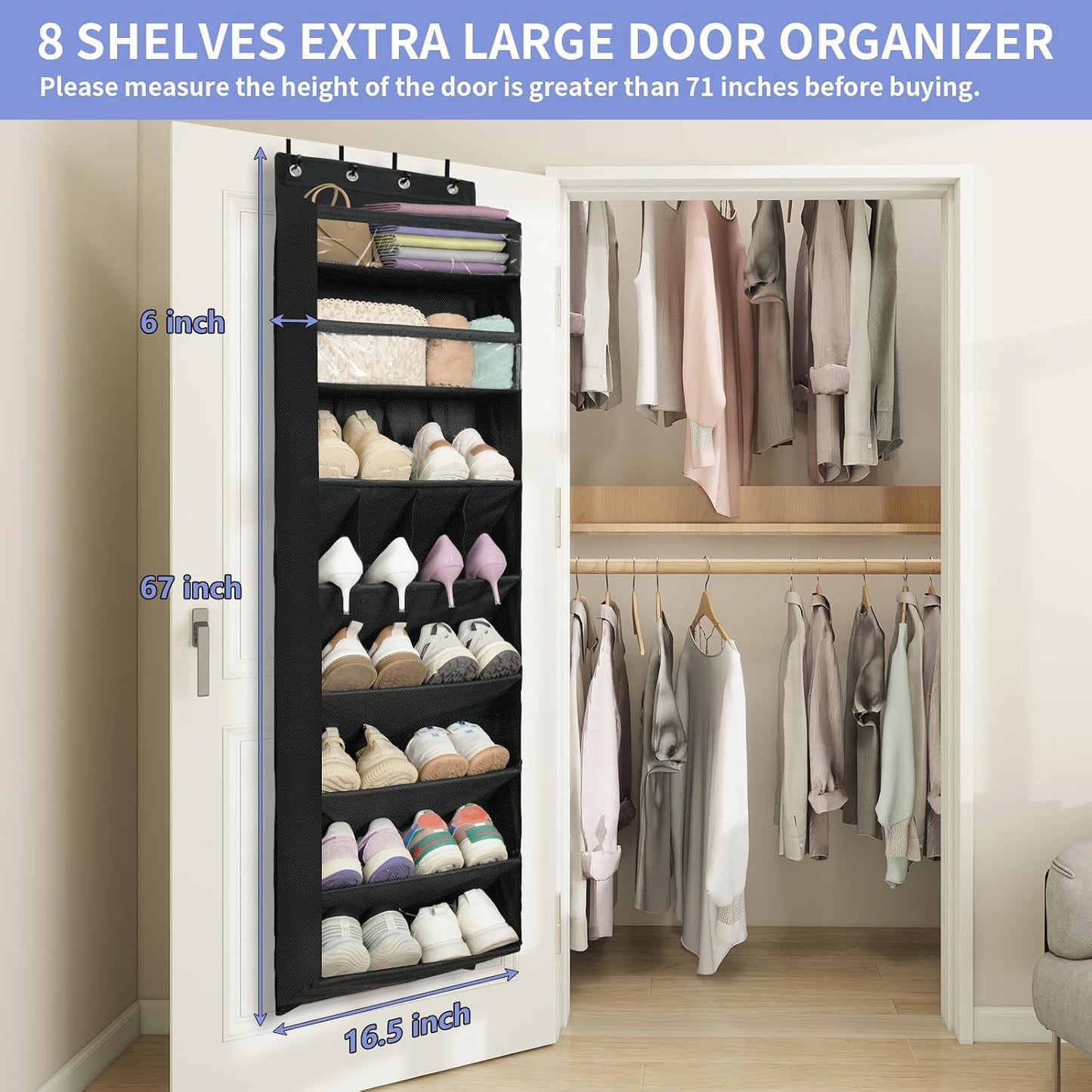 FENTEC 1 Pack Over-the-Door-Shoe-Organizers,Hanging Organizers with Large Pocket Shoe Holder Hanging Shoe Rack for Closet Shoe Organizer for Wall, Over Door Organizer with 15 Pockets Gray