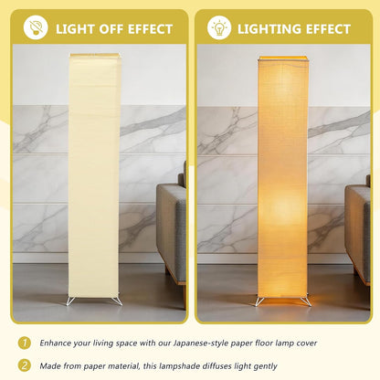 49 Inch Rice Paper Floor Lamp Shade Replacement, Large Japanese Style Standing Light Cover with Iron Supports, Foldable Minimalist Column Lampshade for Bedroom, Living Room, and Office