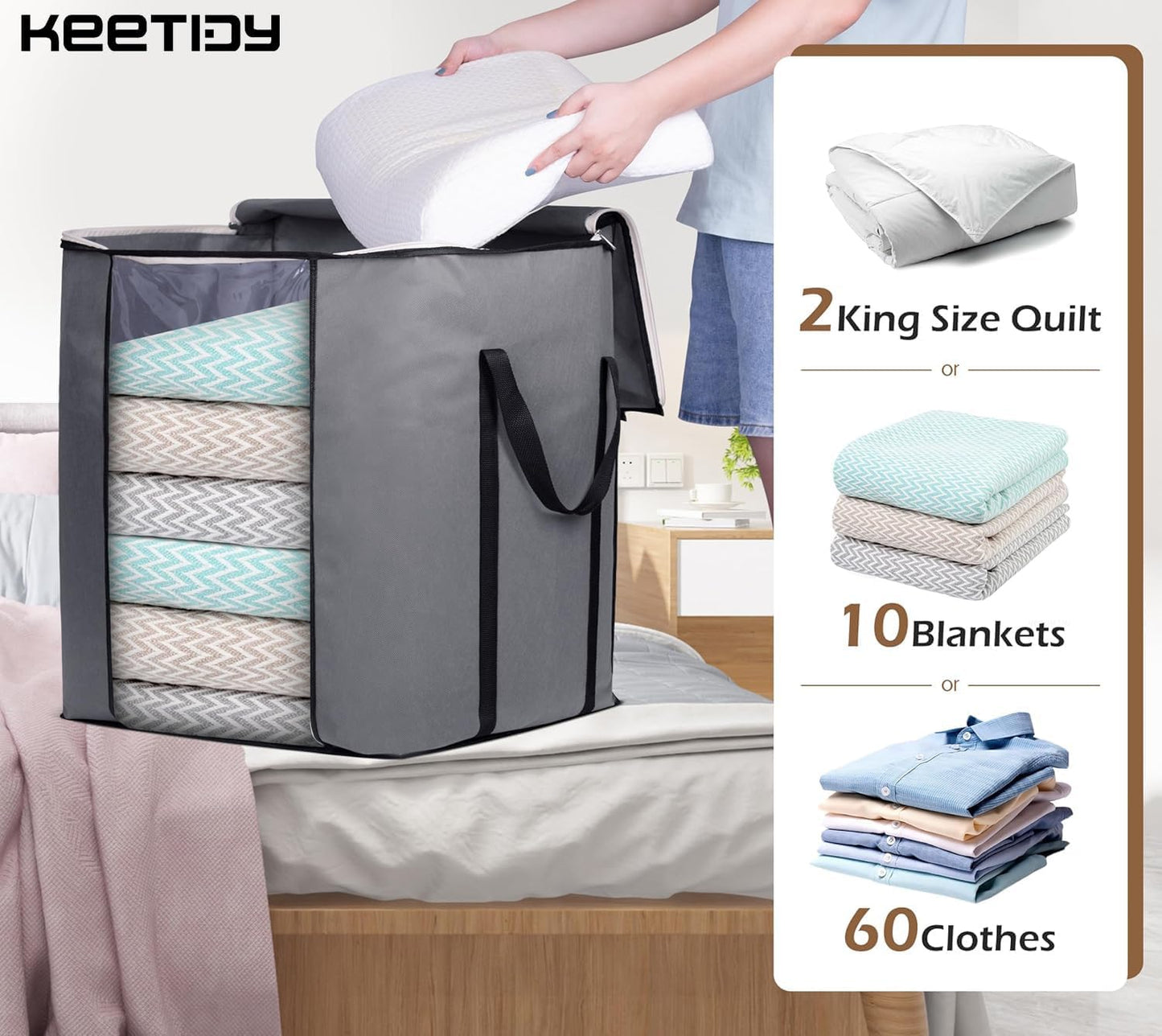 KEETDY 120L Extra Large Blanket Storage Bags Breathable Clothes Storage Containers with Reinforced Handles, Fabric Canvas Storage Bags for Beddings, Grey
