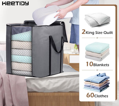 KEETDY 120L Extra Large Blanket Storage Bags Breathable Clothes Storage Containers with Reinforced Handles, Fabric Canvas Storage Bags for Beddings, Grey