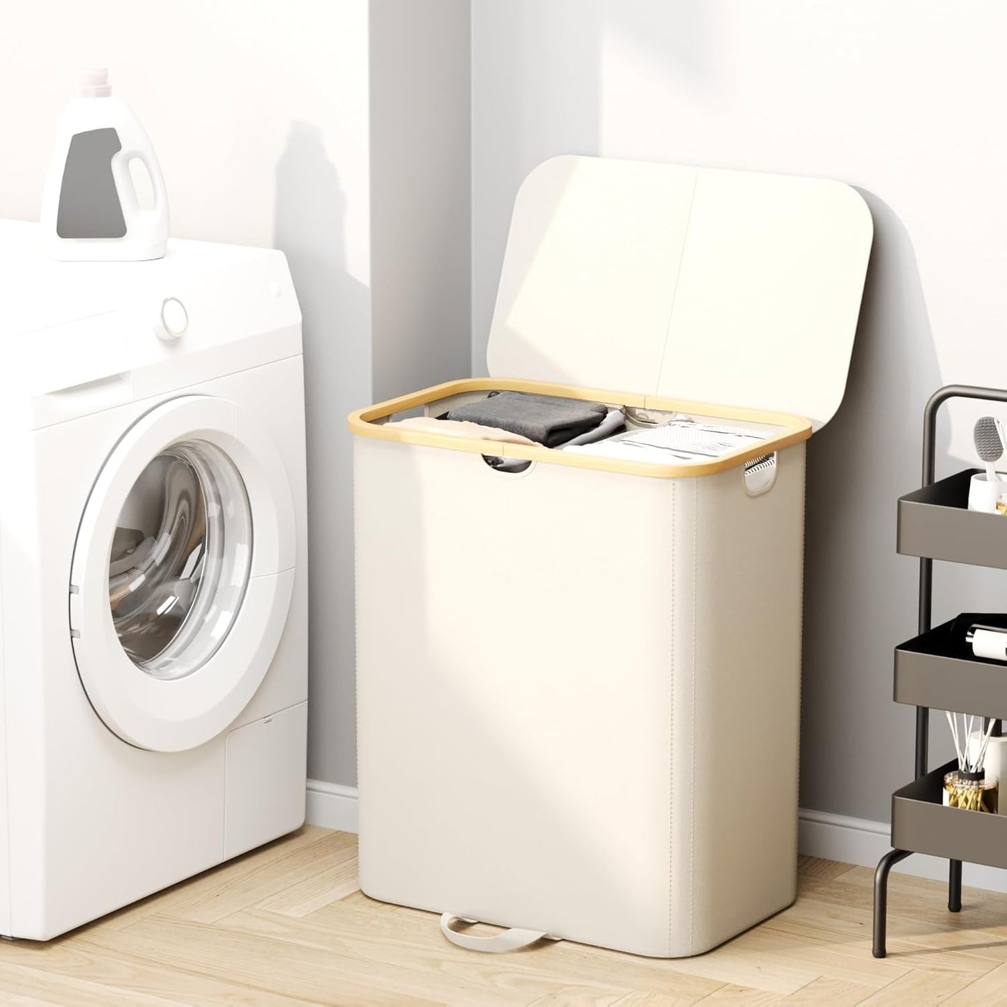 XLHOMO Double Laundry Hamper with Lid and Removable Bags, 150L Large Collapsible 2 Dividers Dirty Clothes Basket with Handles, Beige Double Laundry Basket Organizer for Bedroom,Laundry Room,College