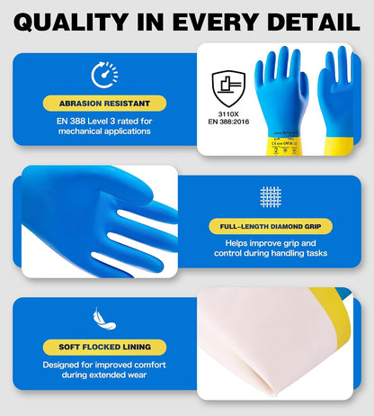 AnTools 2 Pairs Neoprene and Rubber Blend Heavy-Duty Chemical Gloves, Protective industrial gloves for Resist Acid, Alkali, Hazmat, cleaning, dishwashing, X-Large