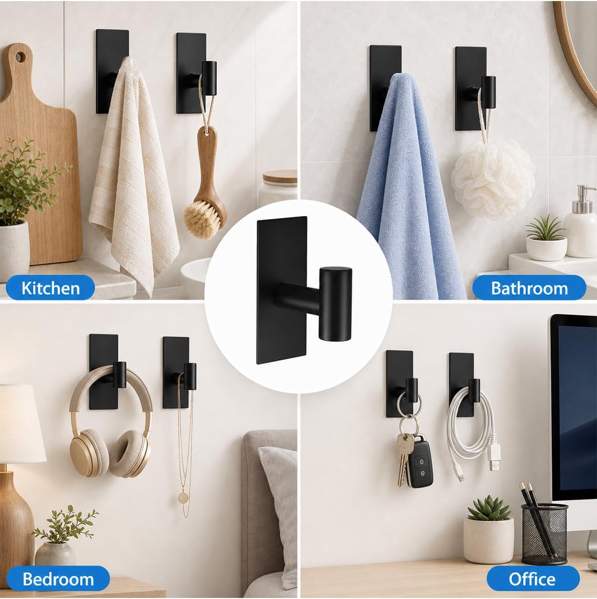 Removable Towel Hooks for Bathrooms, Heavy Duty Adhesive Hooks for Walls No Damage, Black Home Storage Hooks for Inside Shower, Sticky Hooks for Hanging Robe Coat Loofah Clothes Kitchen, 14Pcs Sus304