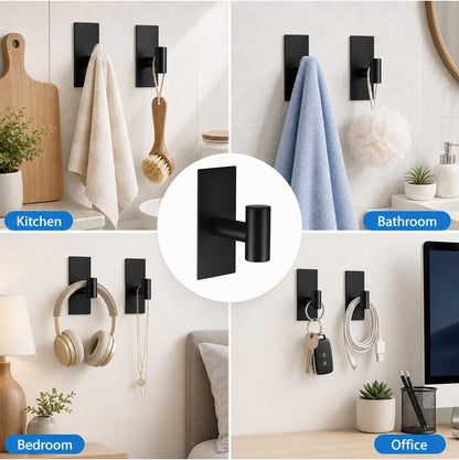 Removable Towel Hooks for Bathrooms, Heavy Duty Adhesive Hooks for Walls No Damage, Black Home Storage Hooks for Inside Shower, Sticky Hooks for Hanging Robe Coat Loofah Clothes Kitchen, 14Pcs Sus304
