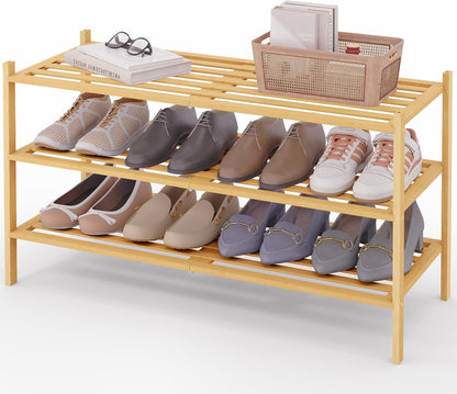 Smiry Bamboo Shoe Rack, 3 Tier Free Standing Wooden Shoe Organizer, Stackable Wood Shoe Storage Shelf for Closet, Entryway, 5 Horizontal Slats, 26.8"x11"x18.3", Natural