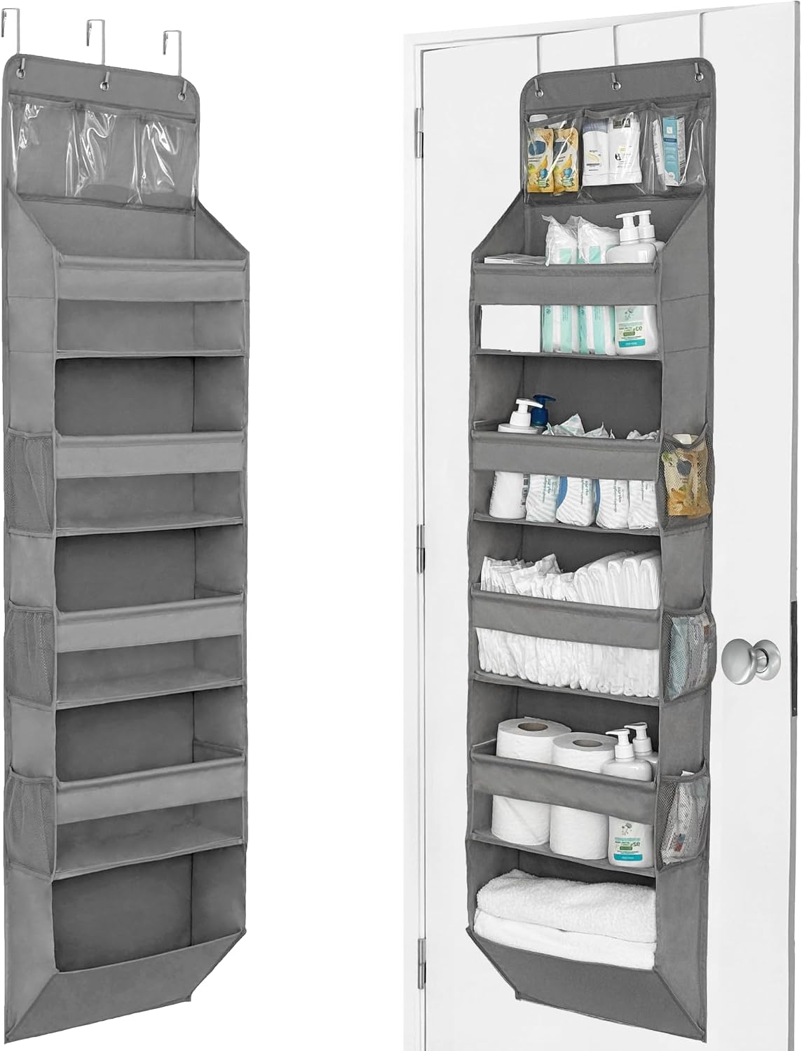 Over The Door Organizer with 5 Large Pockets, 5-Tier Hanging Storage | 5 Large & 6 Side Pockets, Behind Door Storage, 50 lbs Capacity, For Closet, Nursery, Bathroom