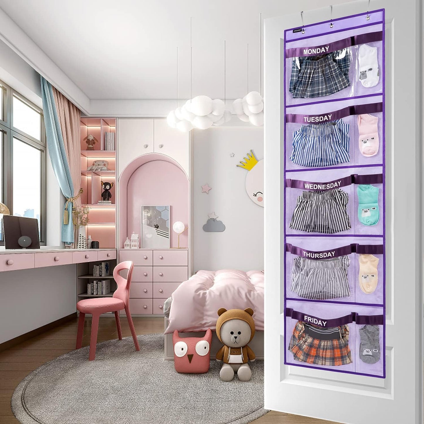 Weekly Kids Clothes Organizer Day of Week School Clothing Storage Monday to Friday Hanging Closet Organizer (GREY)