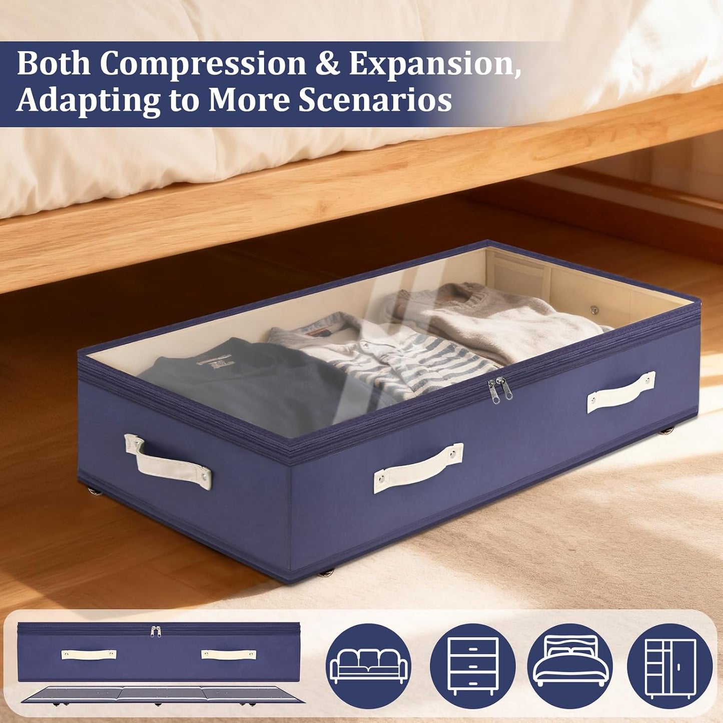Dolicer 2 Pack Under Bed Storage with Wheels, 6in-10in Height Adjustable Underbed Storage Containers, 92L XXXL Under Bed Drawers Rolling Bin with Clear Lids for Dorm Shoes Clothes Organizers(Grey)