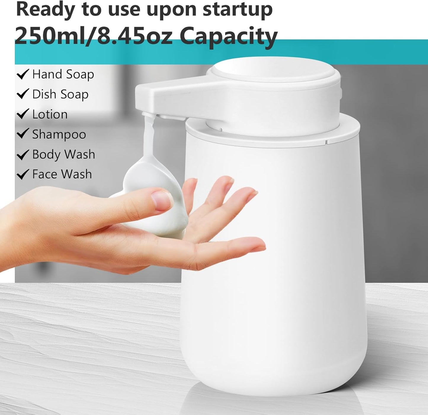 Automatic Soap Dispenser Foaming Touchless: 9oz Plastic Black Modern Rechargeable Electric Auto Foam Soap Dispenser - Bathroom Kitchen Hand Dish Lotion