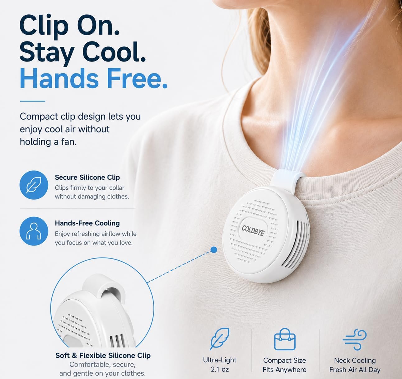 ColdBye Bladeless Shirt Clip Fan for Waist & Clothing, Wearable Personal Cooling Fan with 3 Speeds, USB-C Rechargeable Hands-Free Mini Portable Fan for Work, Travel, Camping & Outdoor Activities