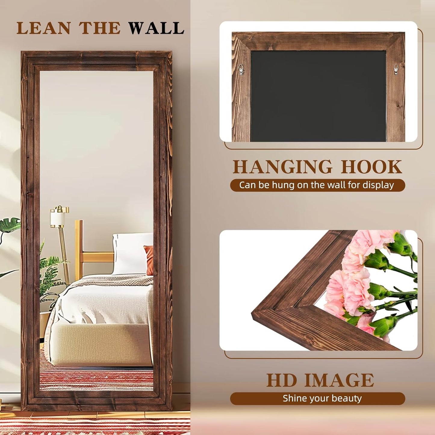 Full Length Mirror 65"x22" with Stand Solid Wood Frame Floor Large Mirror for Living Room, Bedroom Hanging Standing or Leaning Wall-Mounted, New Black