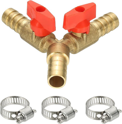 PATIKIL 3 Way Shut Off Ball Valve, 1/4" Y Shaped 3 Way Brass Garden Hose Barb Splitter Line Sprayer Parts Coolant Hose Valve Fitting with 2 Red Switch for Gas Fuel Oxygen, 1 Set