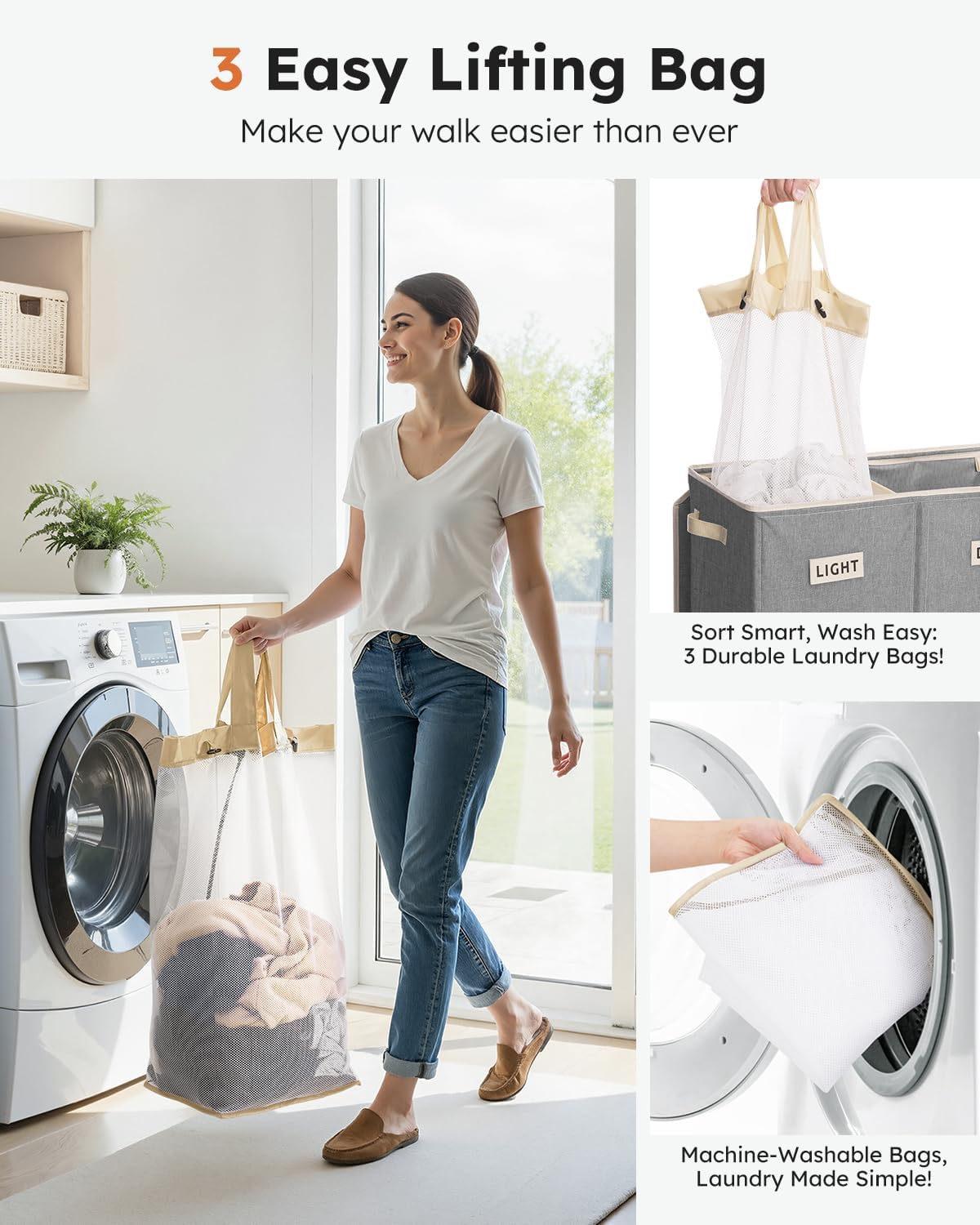 SOLEDI 180L Laundry Hamper 3 Section, Extra Large Laundry Hamper with Lid, Dirty Clothes Hamper with Sturdy Handle, Large Laundry Basket Organizer for Laundry Room, Bedroom, Hampers for Laundry