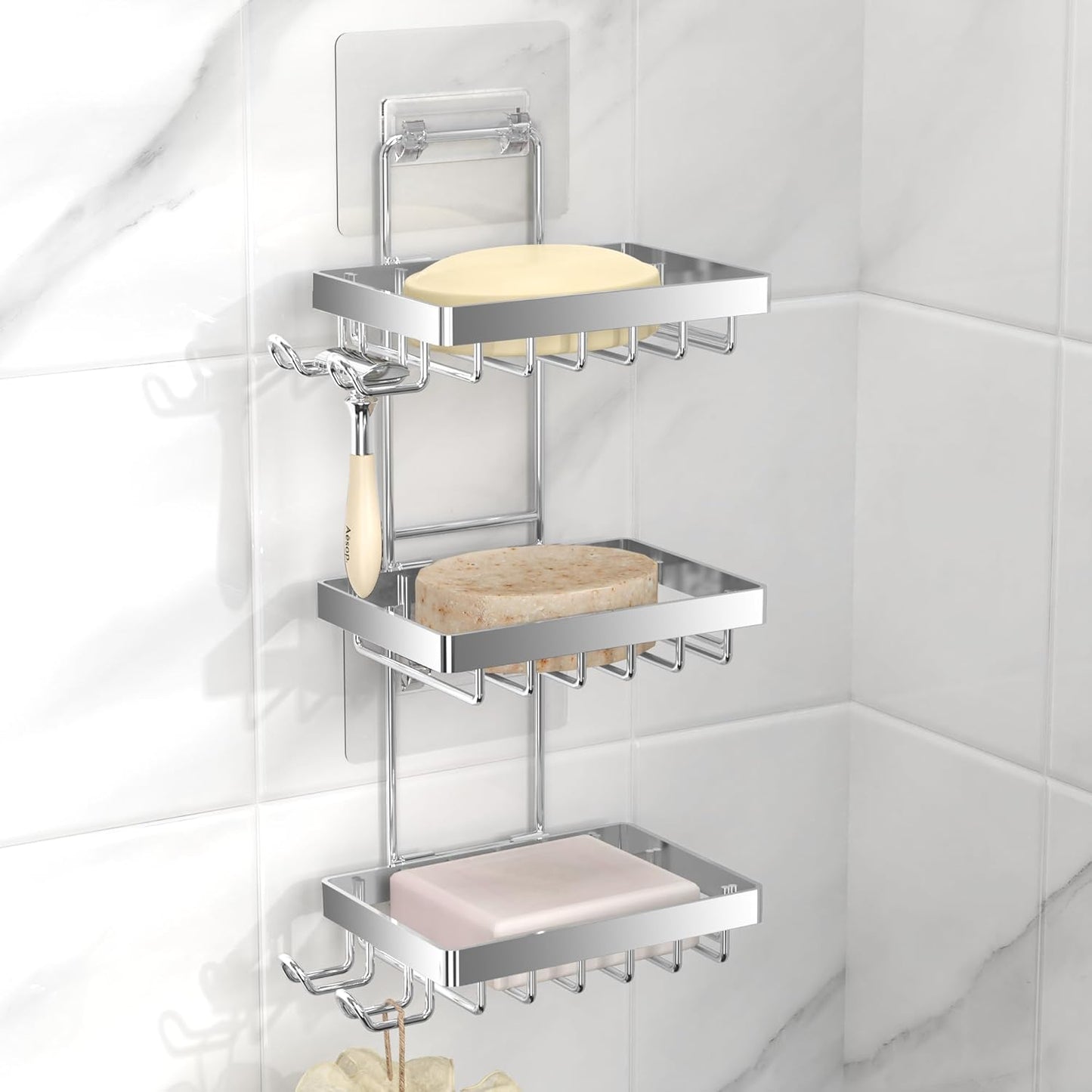 Moforoco Double Soap Bar Holder for Shower, No Drilling, 304 Stainless Steel, Wall Mounted Soap Holder with 4 Hooks and Razor Holder, Shower Rack Soap Tray Bar Soap for Bathroom Accessories Organizer