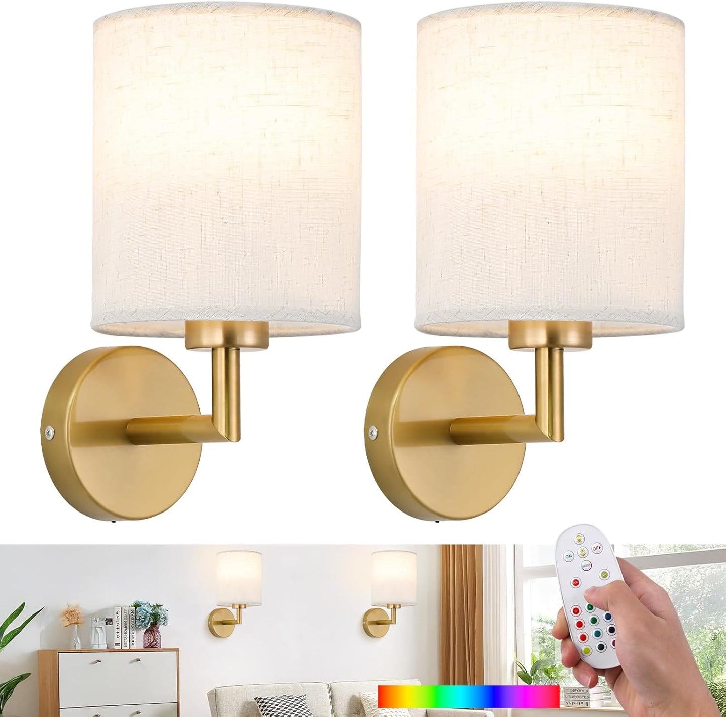 Wireless Wall Sconce Set of 2,Battery Operated Wall Lights with Remote Control,Rechargeable Wall Sconces with LED Bulb,15 Colours Dimmable Wall Lamp for Bedroom Living Room Hallway