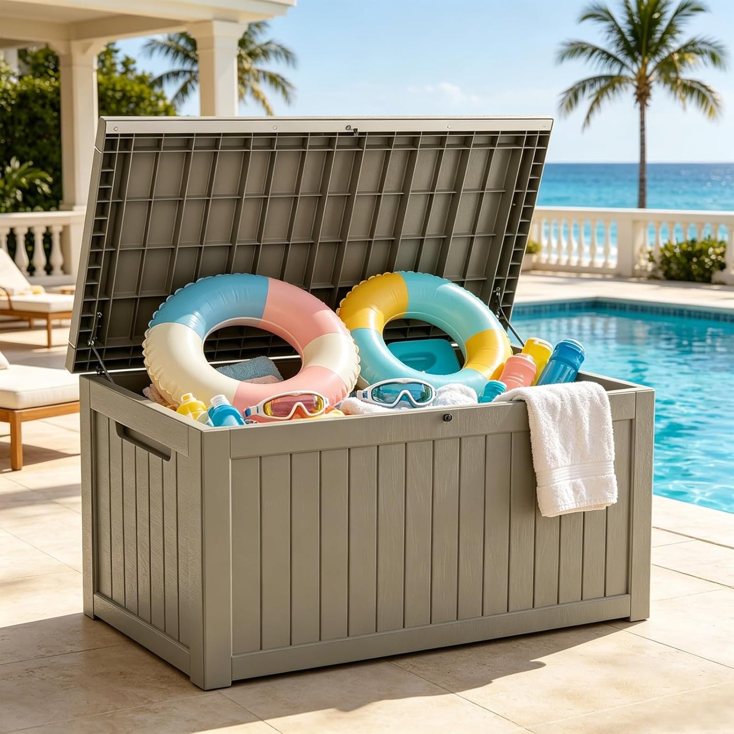 MAKINO 152 Gallon Resin Outdoor Storage Box, Waterproof Deck Box with Lockable Lid, Outside Storage Box for Patio Furniture, Pool Accessories, Garden Tools, Storage Bench for Backyard, Porch, Black