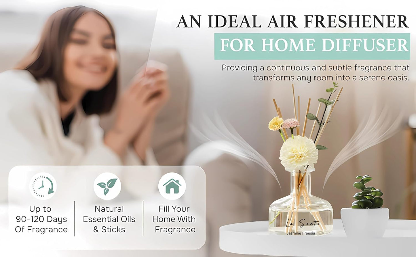 Reed Diffuser Set 8.5 fl oz / 250 ml Glass Bottle with Decorative Flower & Natural Reeds Flameless Home Fragrance for Bathroom Bedroom Office Honeydew Scent