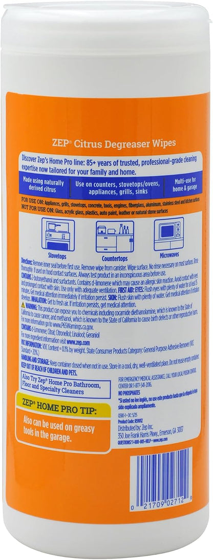 Zep Home Pro Citrus Degreaser Wipes 50 count- R59012 - Quickly cleans and degreases heavy-duty messes