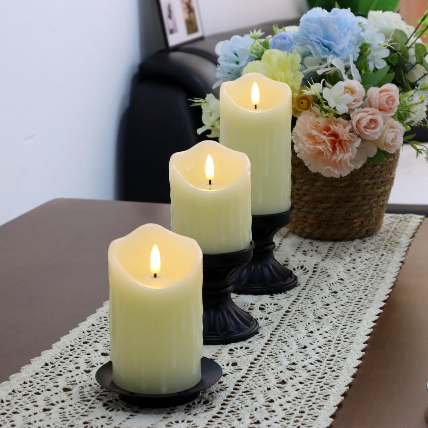 Flameless Candles Battery Operated with Remote Timer, 3D Flame Flickering, Last 500+ Hours Battery Candles, Ivory Real Wax LED Pillar Candle for Wedding Home Christmas Decorations, Set of 3