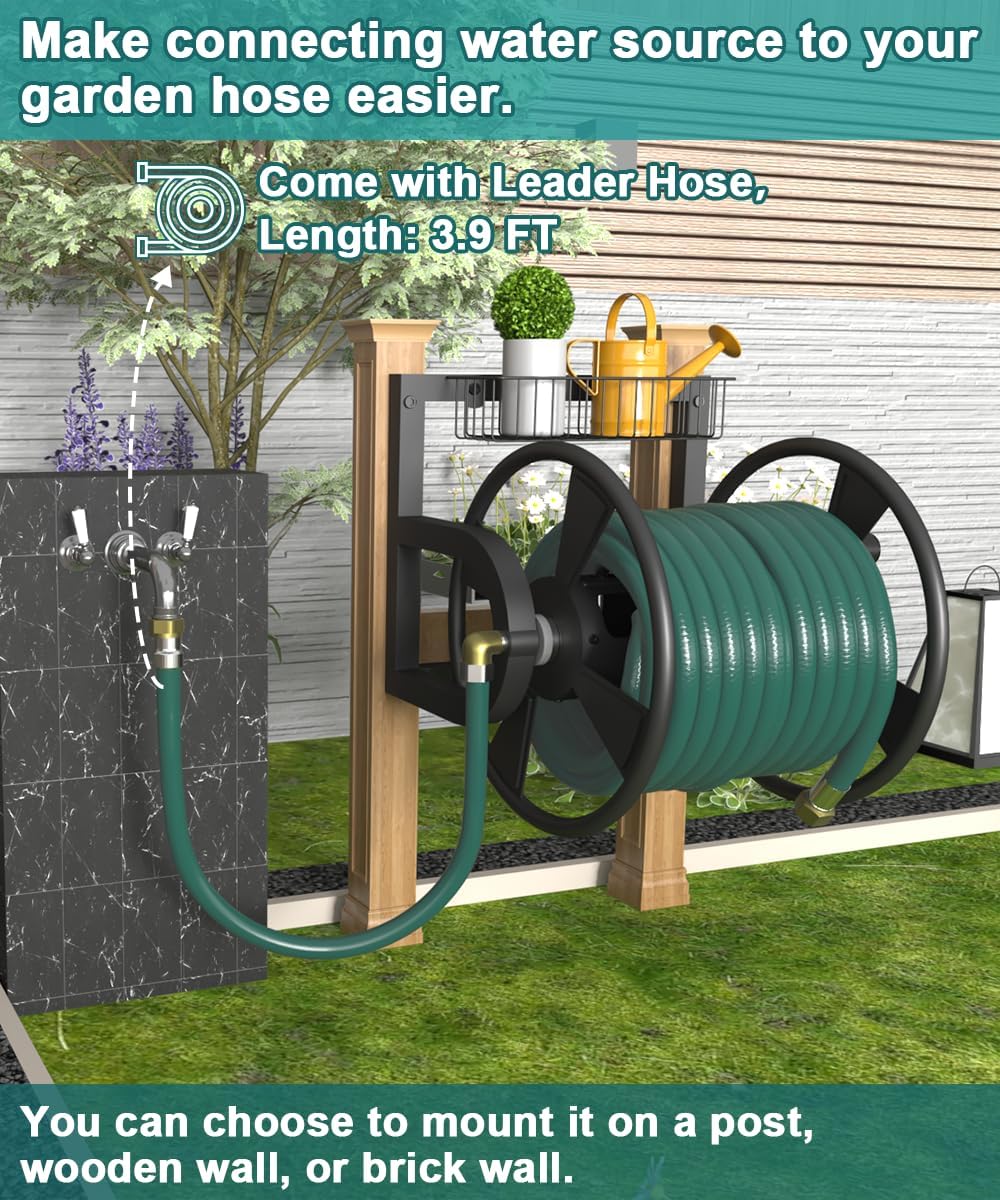 Artigarden Garden Wall Mounted Hose Reel, Outdoor Heavy-Duty Water Hose Holder Winder, Holds 125 Feet of 5/8-Inch Hose, with 3.9 ft Leader Hose, Water Fitting and Storage Basket for Yard, Black