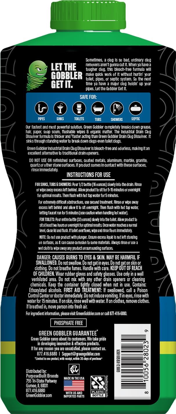 Green Gobbler Industrial Strength Grease and Hair Drain Clog Remover | Drain Cleaner Gel | Safe for Pipes, Toilets, Sinks, Tubs, Drains & Septic Systems (Packaging May Vary)