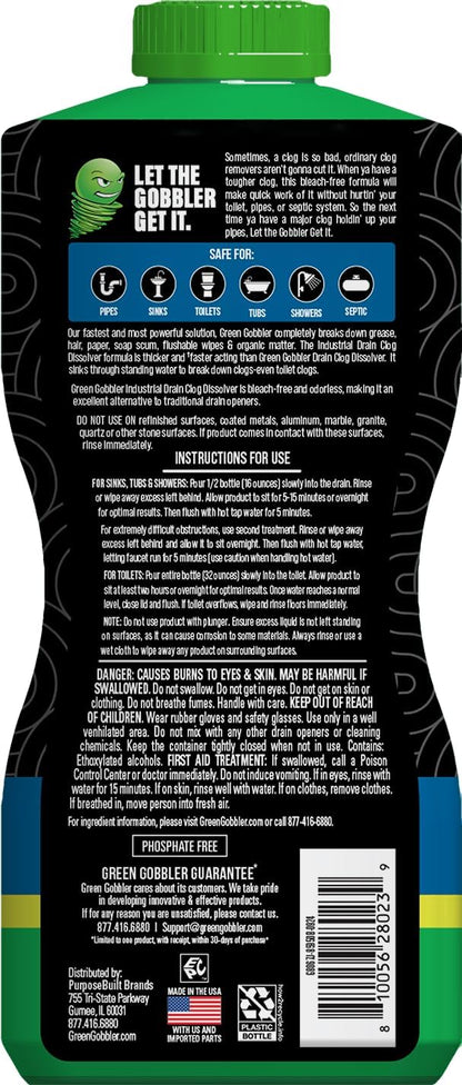 Green Gobbler Industrial Strength Grease and Hair Drain Clog Remover | Drain Cleaner Gel | Safe for Pipes, Toilets, Sinks, Tubs, Drains & Septic Systems (Packaging May Vary)