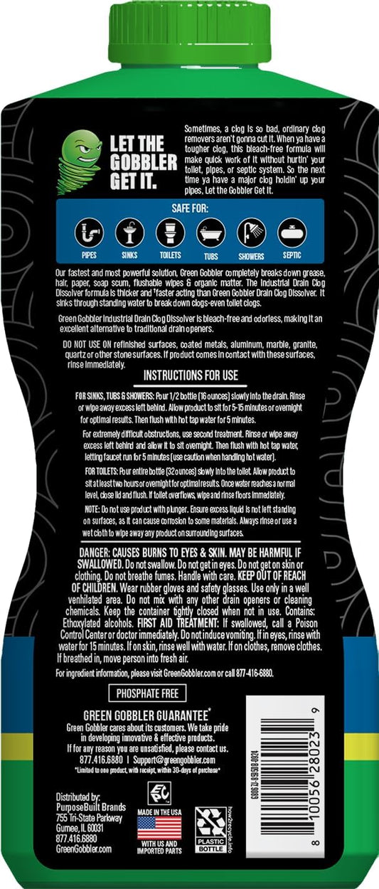 Green Gobbler Industrial Strength Grease and Hair Drain Clog Remover | Drain Cleaner Gel | Safe for Pipes, Toilets, Sinks, Tubs, Drains & Septic Systems (Packaging May Vary)