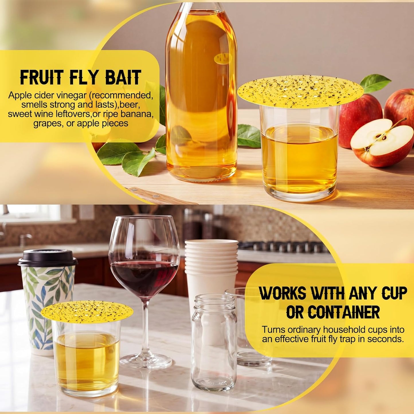 100 Pack Fruit Fly Trap Covers, Single-Sided Sticky Paper Lids, 8 Vent Holes for Vinegar/Wine Bait, Fits Cups & Jars for Indoor Kitchen & Pantry Gnat Control (Round,Yellow)