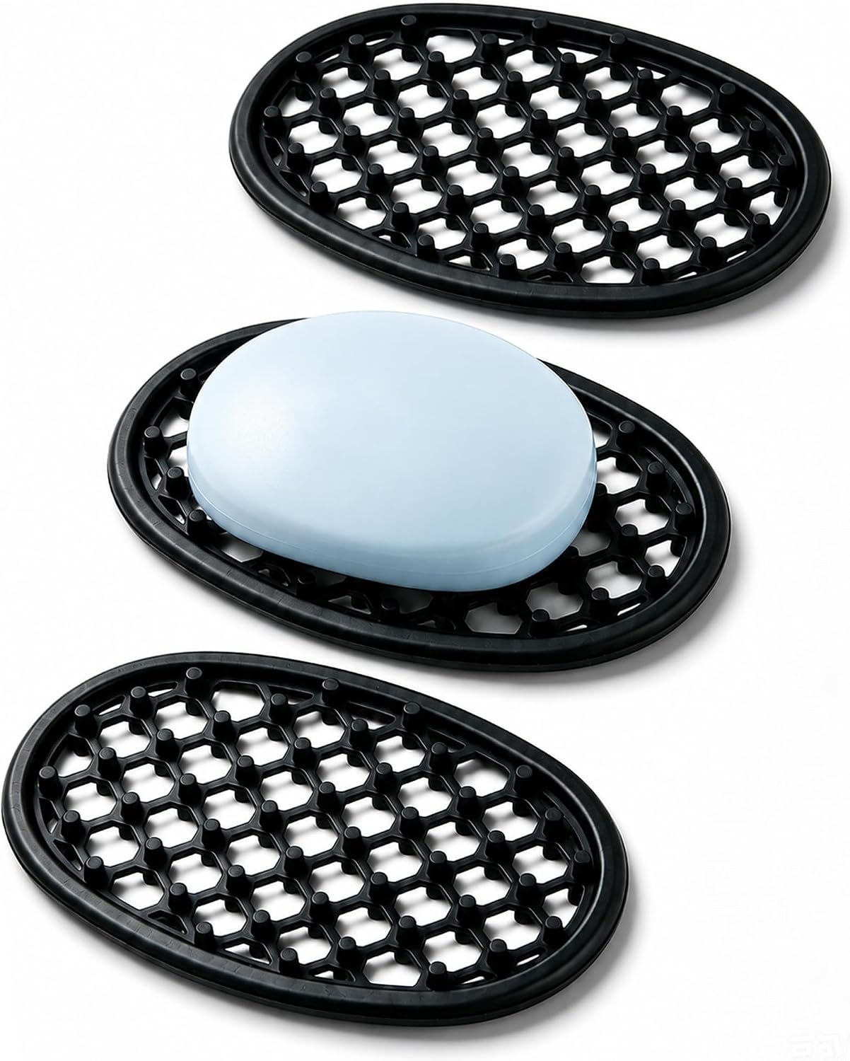 OTHIX 3 Pack Silicone Soap Dish for Shower, Self Draining Bar Soap Holder with Hollow Drainage Design, Non Slip Soap Saver Tray for Bathroom Sink, Kitchen Counter, Bathtub, Shower Shelf (Black)